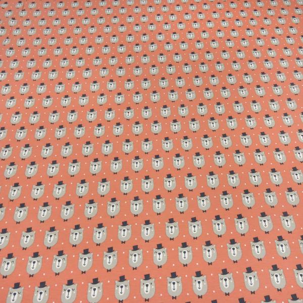 Fabric cotton jersey teddy bear bear head dots design orange beige black white children's fabric dress fabric