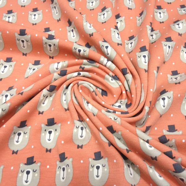 Fabric cotton jersey teddy bear bear head dots design orange beige black white children's fabric dress fabric