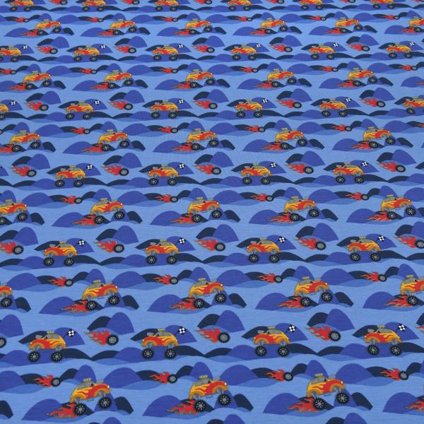 Fabric cotton jersey with monster trucks rally beetle car design jeans blue black red orange colorful children's fabric dress fabric