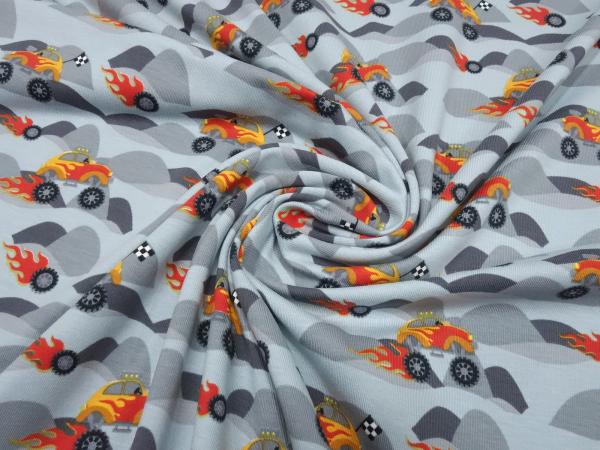 Stoff Baumwolle Jersey mit Monstertrucks Ralley Käfer Auto Design grau schwarz rot orange bunt Kinderstoff Kleiderstoff