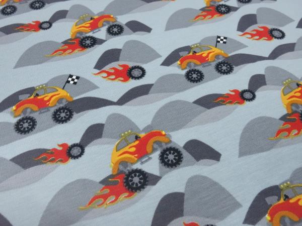 Stoff Baumwolle Jersey mit Monstertrucks Ralley Käfer Auto Design grau schwarz rot orange bunt Kinderstoff Kleiderstoff