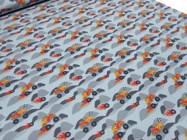 Stoff Baumwolle Jersey mit Monstertrucks Ralley Käfer Auto Design grau schwarz rot orange bunt Kinderstoff Kleiderstoff