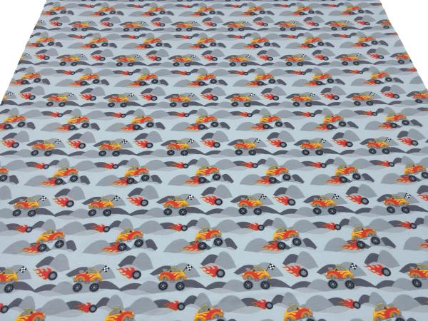 Stoff Baumwolle Jersey mit Monstertrucks Ralley Käfer Auto Design grau schwarz rot orange bunt Kinderstoff Kleiderstoff
