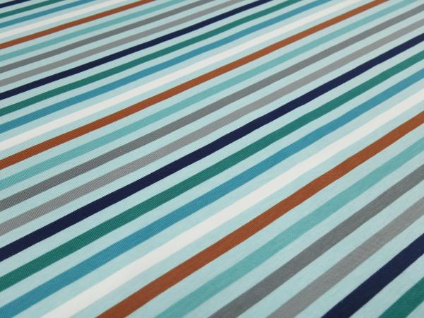 Stoff Baumwolle Jersey mit 5 mm Streifen Design grün türkis blau braun grau weiß bunt gestreift Kleiderstoff Kinderstoff