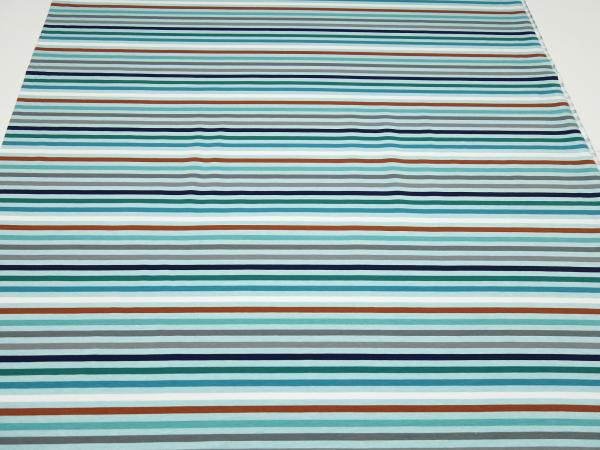 Stoff Baumwolle Jersey mit 5 mm Streifen Design grün türkis blau braun grau weiß bunt gestreift Kleiderstoff Kinderstoff