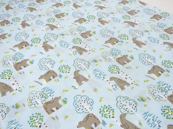 Fabric cotton poplin with bear trees design light blue brown green colorful children's fabric dress fabric blouse fabric decoration fabric