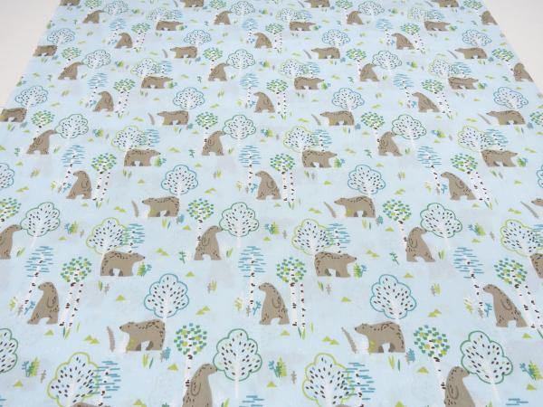 Fabric cotton poplin with bear trees design light blue brown green colorful children's fabric dress fabric blouse fabric decoration fabric