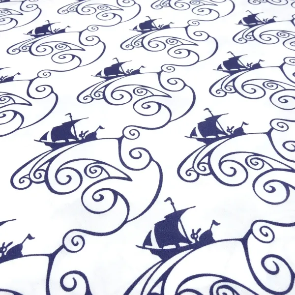 Stoff 100% Baumwolle Popeline mit Schiffe Wellen Design weiß marine blau Kleiderstoff Blusenstoff Dekostoff