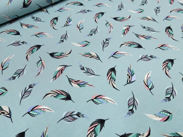 Stoff Baumwolle Jersey Federn Design blau-grün blau rosa bunt Kleiderstoff Kinderstoff