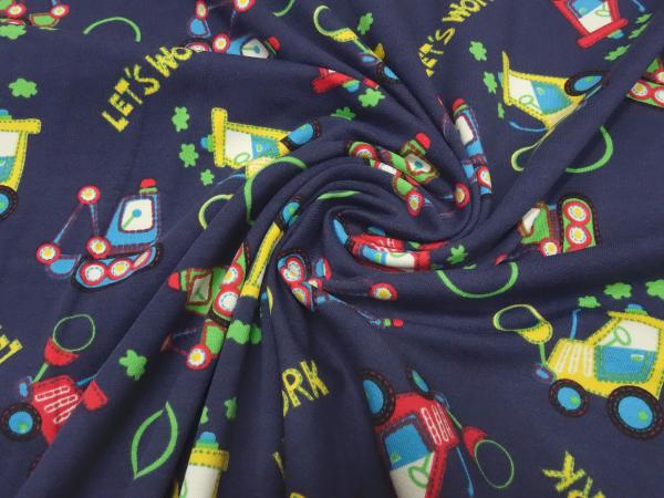 Stoff Baumwolle Jersey mit Bagger Traktor Trecker Design blau rot grün gelb türkis bunt Kinderstoff Kleiderstoff