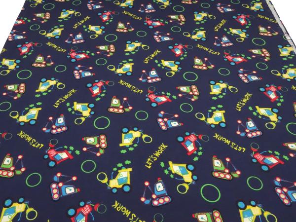 Stoff Baumwolle Jersey mit Bagger Traktor Trecker Design blau rot grün gelb türkis bunt Kinderstoff Kleiderstoff