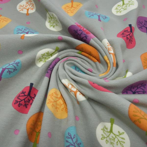 Fabric cotton jersey circles dots trees design taupé curry orange red blue colorful children's fabric dress fabric