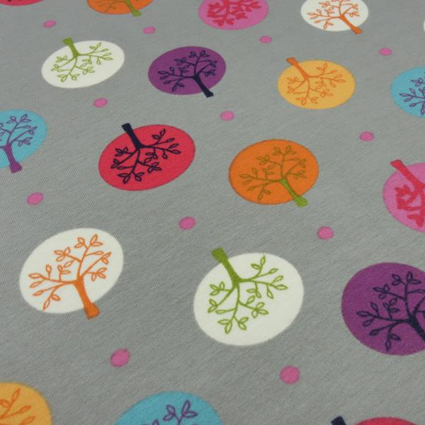 Fabric cotton jersey circles dots trees design taupé curry orange red blue colorful children's fabric dress fabric