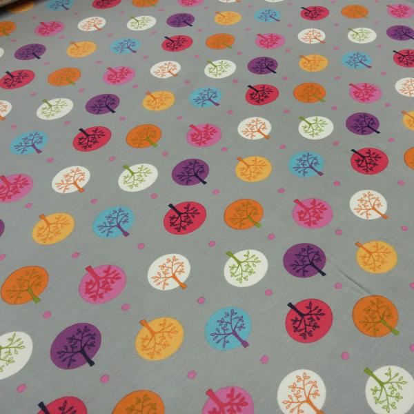 Fabric cotton jersey circles dots trees design taupé curry orange red blue colorful children's fabric dress fabric