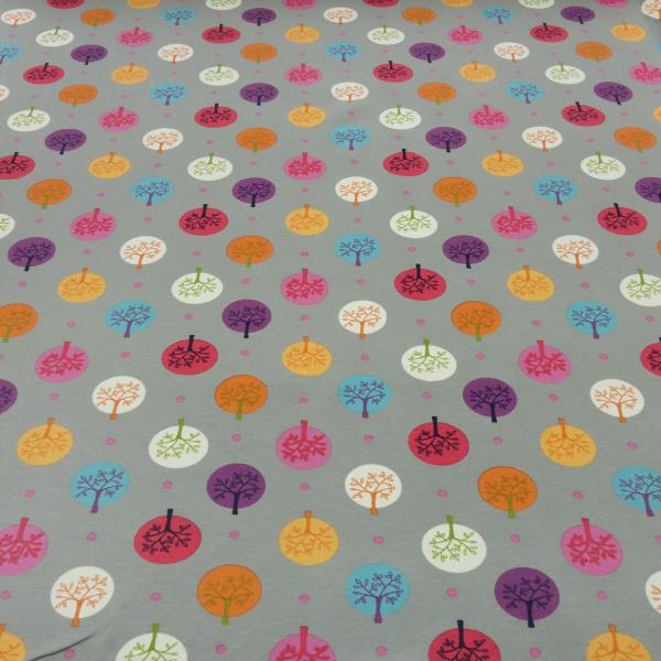 Fabric cotton jersey circles dots trees design taupé curry orange red blue colorful children's fabric dress fabric