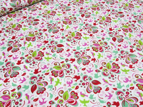 Stoff Baumwolle Popeline Tante Ema Blumenmuster Design weiß grün rot bunt Kleiderstoff Blusenstoff Kinderstoff Dekostoff​