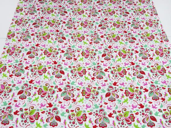 Stoff Baumwolle Popeline Tante Ema Blumenmuster Design weiß grün rot bunt Kleiderstoff Blusenstoff Kinderstoff Dekostoff​