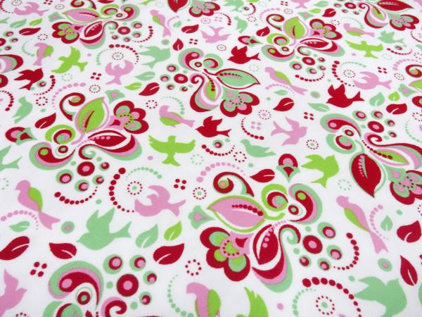 Stoff Baumwolle Jersey mit Blumen Ranken Vögel Design weiss grün rot rosa mint Kinderstoffe Kleiderstoffe