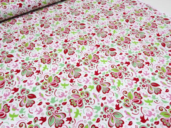 Stoff Baumwolle Jersey mit Blumen Ranken Vögel Design weiss grün rot rosa mint Kinderstoffe Kleiderstoffe
