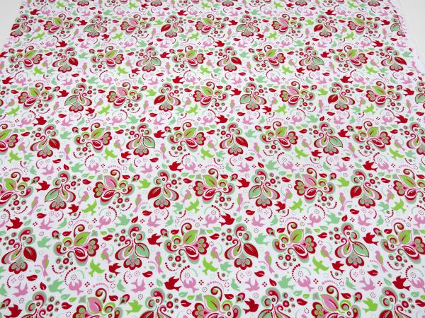 Stoff Baumwolle Jersey mit Blumen Ranken Vögel Design weiss grün rot rosa mint Kinderstoffe Kleiderstoffe