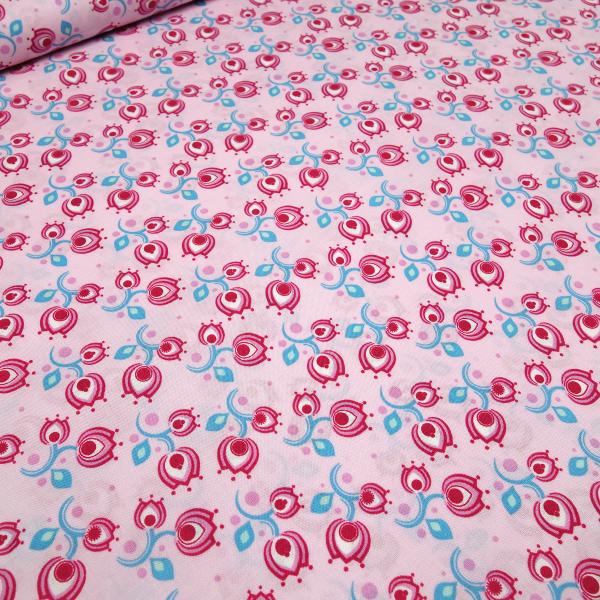 Stoff Baumwolle Popeline Tante Ema Tulpen Blumenmuster Design rosa pink türkis weiß Kleiderstoff Blusenstoff Kinderstoff Dekostoff