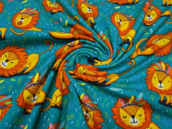 Stoff Baumwolle Jersey mit Löwe Löwen Design petrol orange bunt Kinderstoff Kleiderstoff
