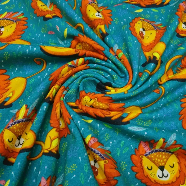 Stoff Baumwolle Jersey mit Löwe Löwen Design petrol orange bunt Kinderstoff Kleiderstoff