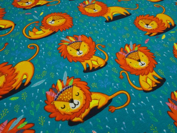 Stoff Baumwolle Jersey mit Löwe Löwen Design petrol orange bunt Kinderstoff Kleiderstoff
