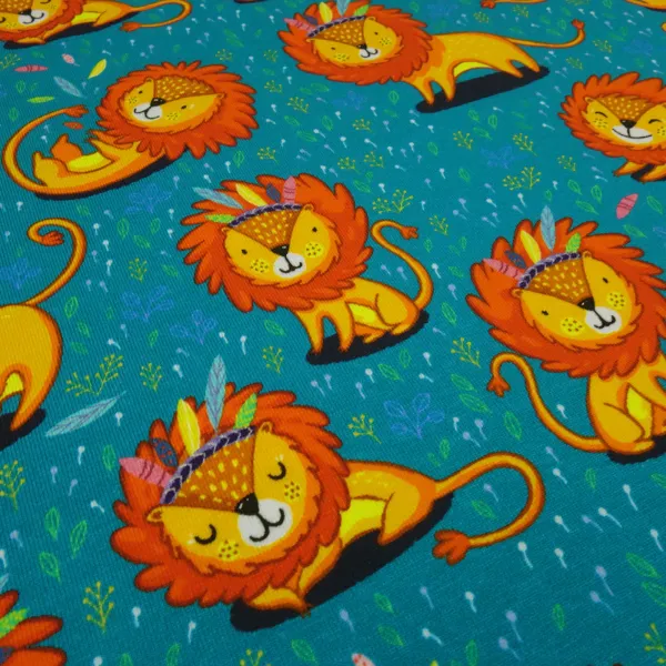 Stoff Baumwolle Jersey mit Löwe Löwen Design petrol orange bunt Kinderstoff Kleiderstoff