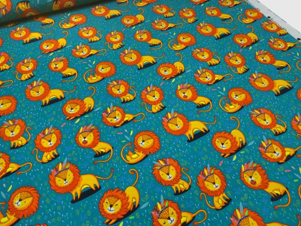 Stoff Baumwolle Jersey mit Löwe Löwen Design petrol orange bunt Kinderstoff Kleiderstoff