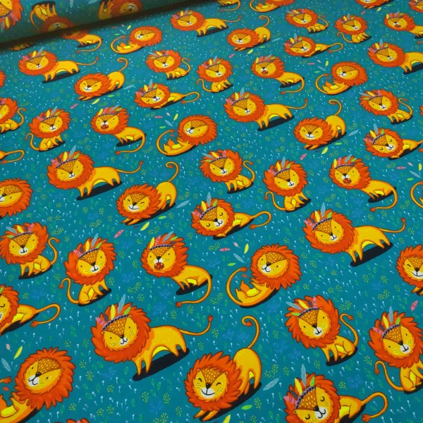 Stoff Baumwolle Jersey mit Löwe Löwen Design petrol orange bunt Kinderstoff Kleiderstoff