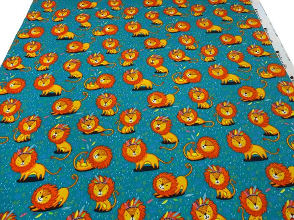 Stoff Baumwolle Jersey mit Löwe Löwen Design petrol orange bunt Kinderstoff Kleiderstoff