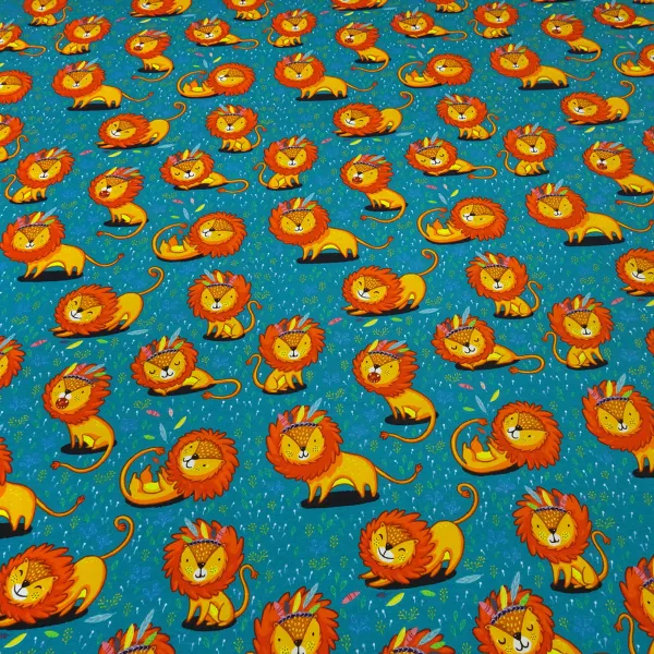 Stoff Baumwolle Jersey mit Löwe Löwen Design petrol orange bunt Kinderstoff Kleiderstoff