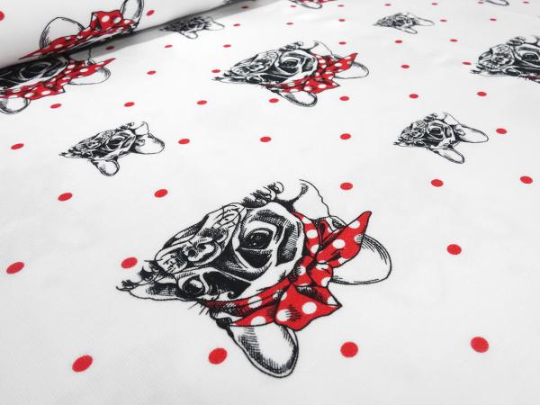 Fabric cotton jersey with dogs Franz. Bulldog pug dots dots design white red black children's fabric dress fabric