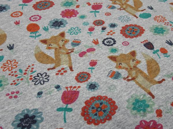 Fabric cotton french terry sweatshirt fabric with foxes flower design gray melange colorful dress fabric children's fabric