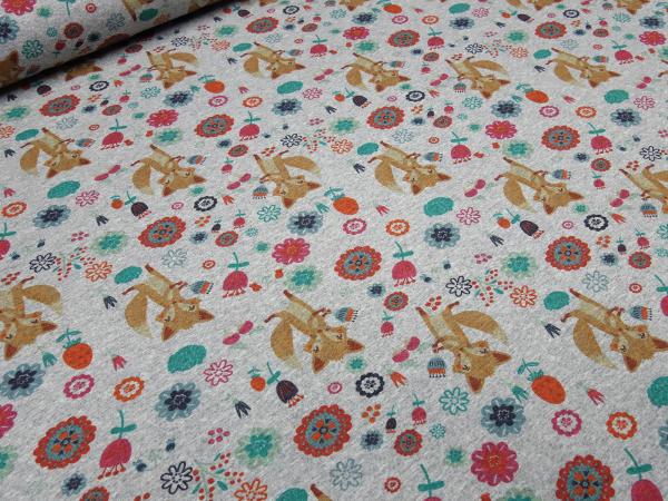 Fabric cotton french terry sweatshirt fabric with foxes flower design gray melange colorful dress fabric children's fabric