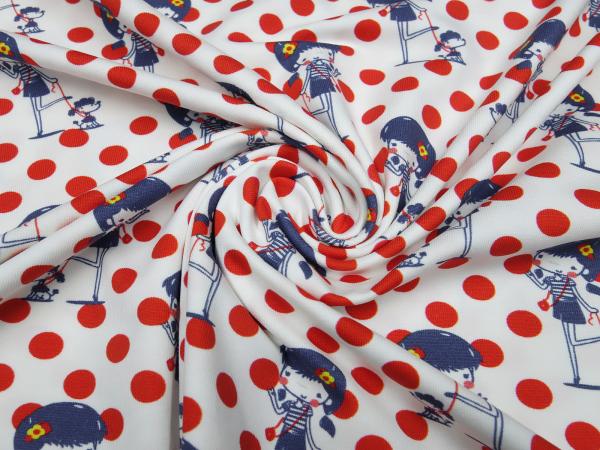 Stoff Baumwolle Jersey mit Mädchen Hunde Punkte Design weiß rot blau gelb Kleiderstoff Kinderstoff​