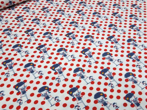 Stoff Baumwolle Jersey mit Mädchen Hunde Punkte Design weiß rot blau gelb Kleiderstoff Kinderstoff​