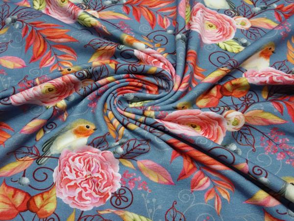 Fabric cotton jersey with flowers leaves birds design gray orange pink colorful children's fabric dress fabric