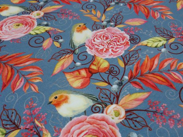 Fabric cotton jersey with flowers leaves birds design gray orange pink colorful children's fabric dress fabric