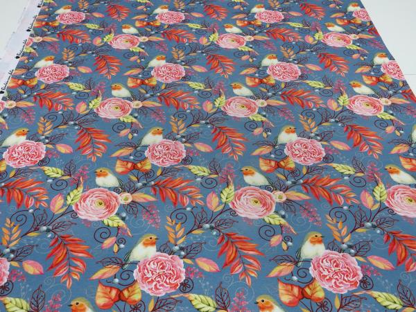 Fabric cotton jersey with flowers leaves birds design gray orange pink colorful children's fabric dress fabric