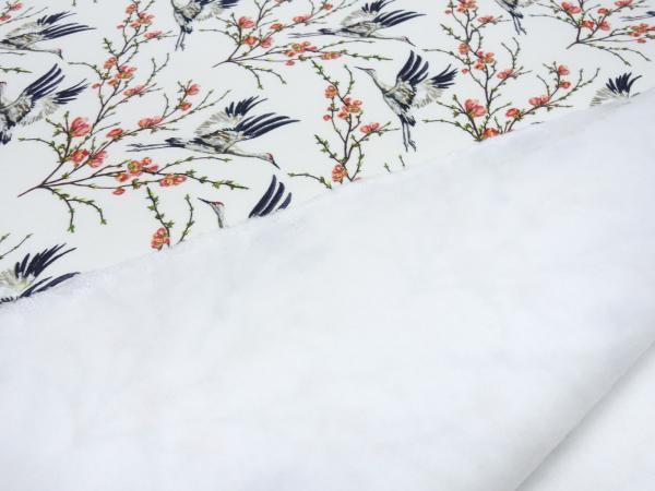 Stoff Baumwolle Sweatshirtstoff mit Storche Vögel blühende Bäume Design wollweiß rot grün schwarz weiß Kleiderstoff Hoodiestoff
