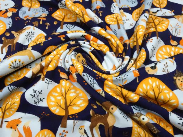 Stoff Baumwolle Jersey mit Waldtiere Hirsche Füchse Eulen Hasen Bäume Design marine-blau braun orange beige grau Kinderstoff Kleiderstoff