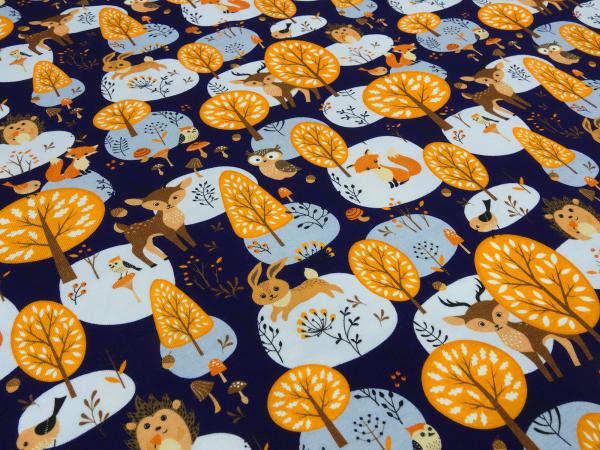 Stoff Baumwolle Jersey mit Waldtiere Hirsche Füchse Eulen Hasen Bäume Design marine-blau braun orange beige grau Kinderstoff Kleiderstoff