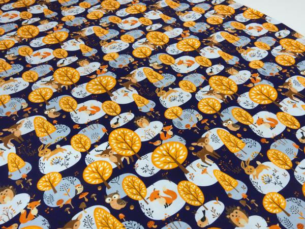 Stoff Baumwolle Jersey mit Waldtiere Hirsche Füchse Eulen Hasen Bäume Design marine-blau braun orange beige grau Kinderstoff Kleiderstoff