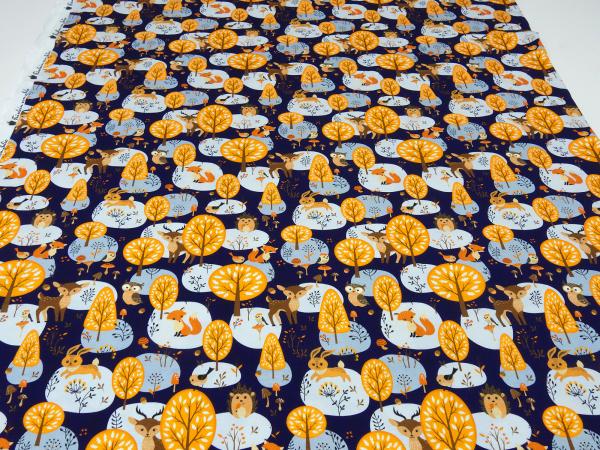 Stoff Baumwolle Jersey mit Waldtiere Hirsche Füchse Eulen Hasen Bäume Design marine-blau braun orange beige grau Kinderstoff Kleiderstoff