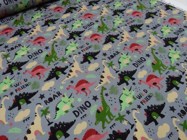 Stoff Baumwolle French Terry Sweatshirtstoff Dino Dinosaurier Design grau grün rot beige schwarz Kinderstoff Kleiderstoff