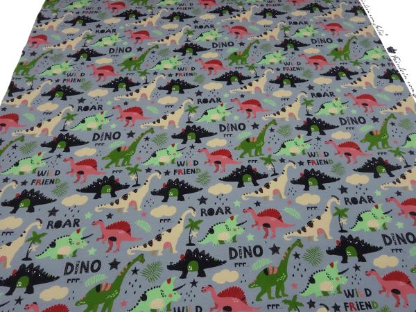 Stoff Baumwolle French Terry Sweatshirtstoff Dino Dinosaurier Design grau grün rot beige schwarz Kinderstoff Kleiderstoff