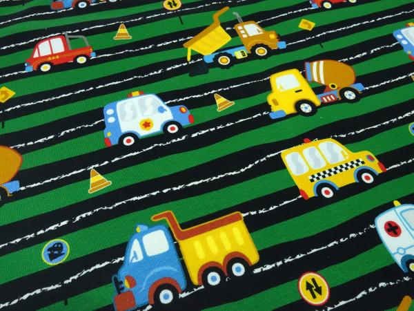 Fabric cotton jersey with car poilzeiauto trucks concrete mixer design green yellow blue colorful children's fabric dress fabric