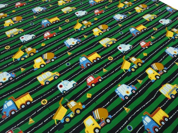 Fabric cotton jersey with car poilzeiauto trucks concrete mixer design green yellow blue colorful children's fabric dress fabric